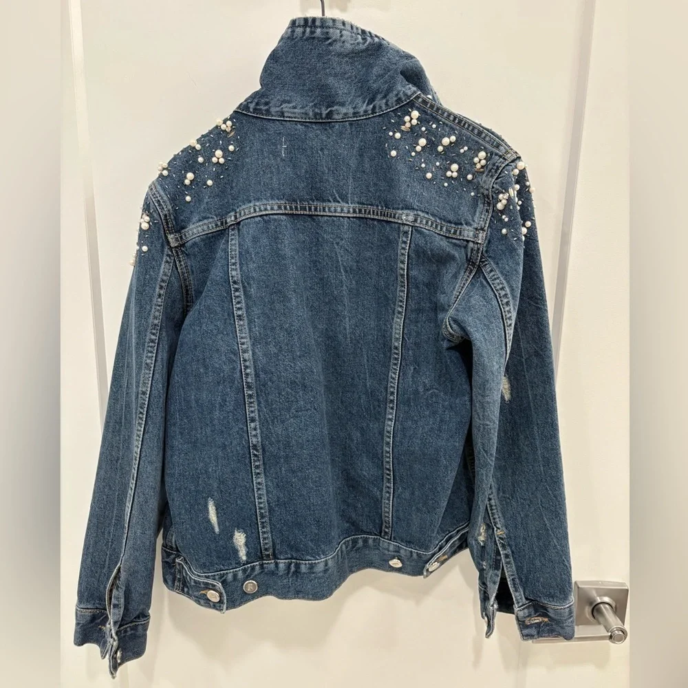 Anthropologie Pilcro Embellished Distressed Denim Trucker Jacket Size Small - Picture 7 of 16